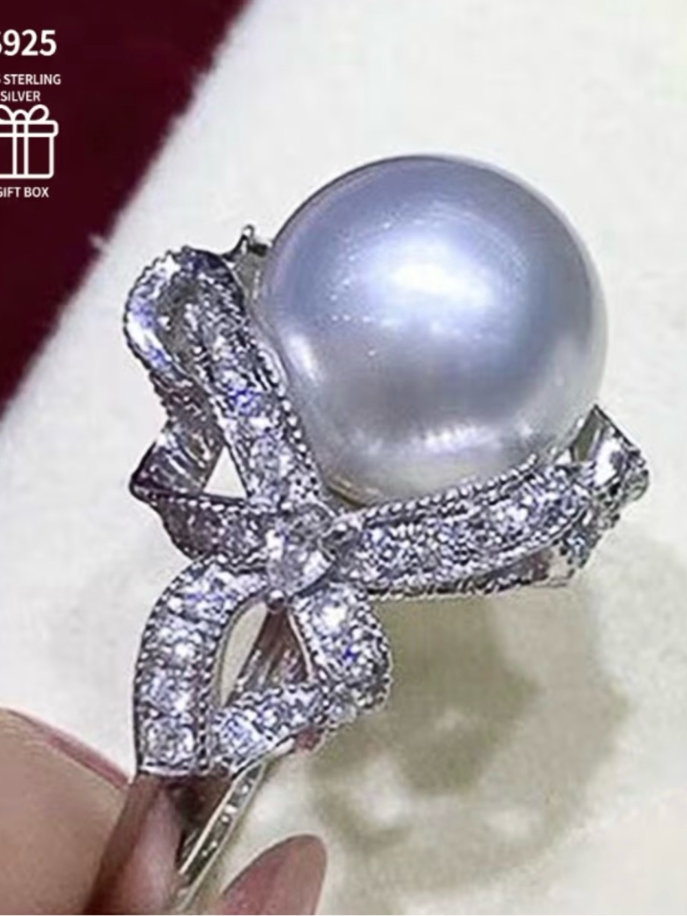 NWT-SS Ribbon & Pearl Ring with 18K White Gold Plating